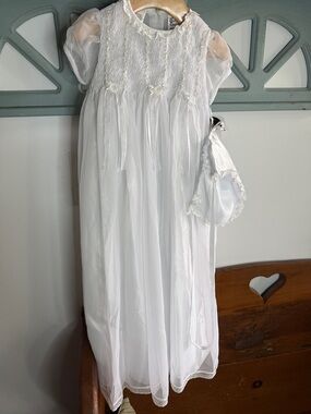 White Christening Infants Smocked Dress with Matching Bonnet.